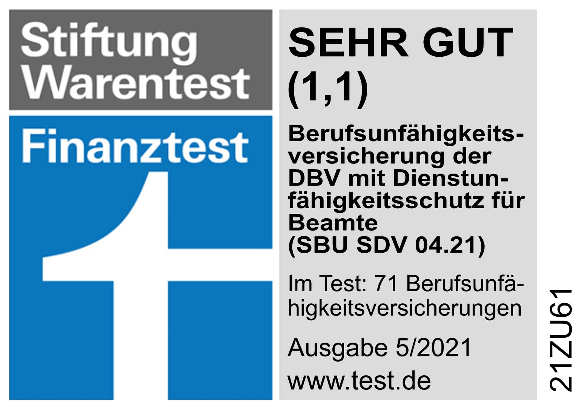 Finanztest DBV Dienstunfähigkeit sehr gut 2021