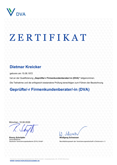 Zertifikat: Geprüfter Firmenkundenberater (DVA) – Dietmar Kreicker